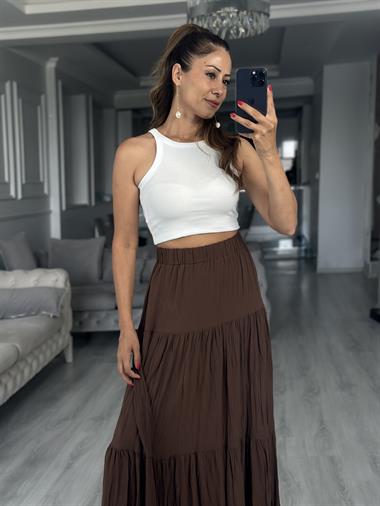 Kahverengi Krinkıl Beli Lastikli Kadın Midi Boy Etek