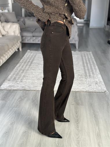 Kahverengi Lacarino Likralı İspanyol Paça Kadın Jean Pantolon