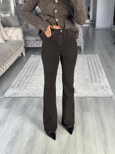 Kahverengi Lacarino Likralı İspanyol Paça Kadın Jean Pantolon