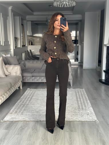 Kahverengi Lacarino Likralı İspanyol Paça Kadın Jean Pantolon