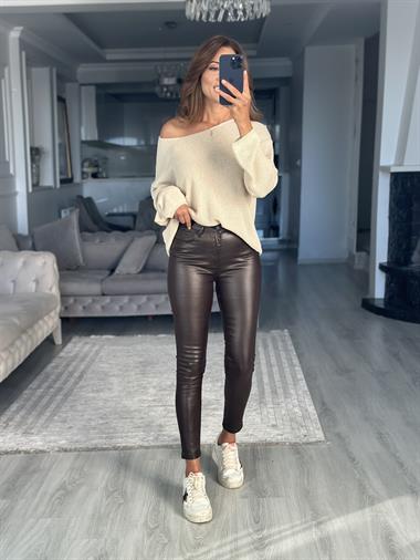 Kahverengi Lacarino Mum Kaplamalı Skinny Kadın Jean Pantolon