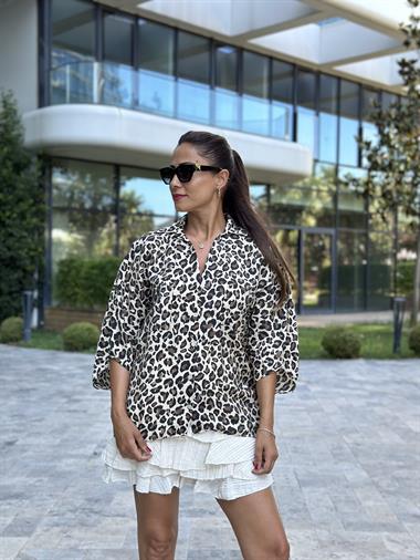 Kahverengi Leopar Çift Cepli Yarasa Kol Tnsel Kadın Gömlek