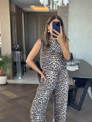 Kahverengi Leopar Desen Arkası Bağcık Detay Bluz Pantolon Kadın Alt Üst Takım