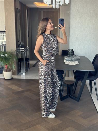 Kahverengi Leopar Desen Arkası Bağcık Detay Bluz Pantolon Kadın Alt Üst Takım