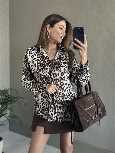 Kahverengi Leopar Desen Karol Uzun Kol Saten Kadın Gömlek