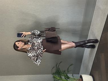 Kahverengi Leopar Desen Karol Uzun Kol Saten Kadın Gömlek