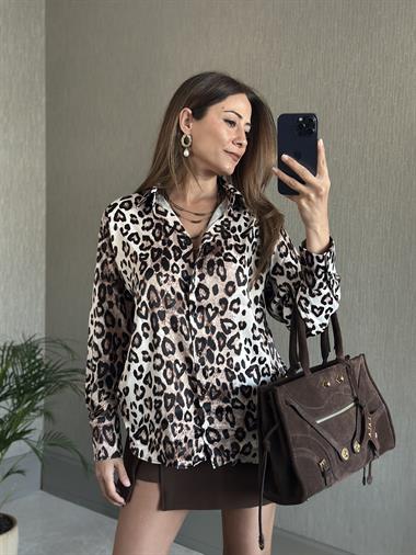 Kahverengi Leopar Desen Karol Uzun Kol Saten Kadın Gömlek