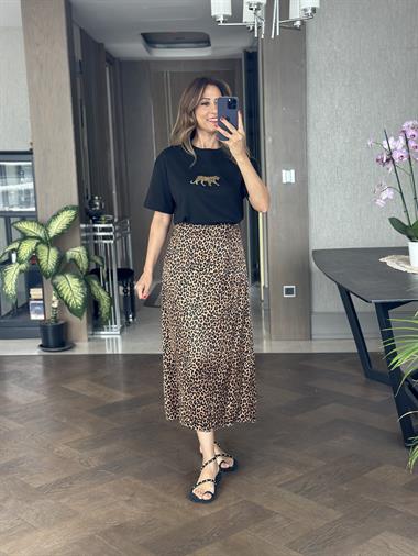Kahverengi Leopar Desen Midi Boy Saten Kadın Etek