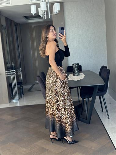 Kahverengi Leopar Desen Orjinal Marka Cepli Kadın Saten Etek
