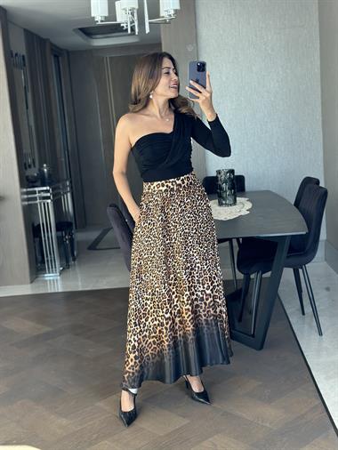 Kahverengi Leopar Desen Orjinal Marka Cepli Kadın Saten Etek