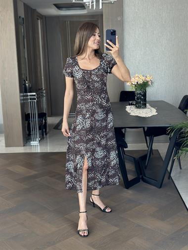 Kahverengi Leopar Desen Prenses Kol Yırtmaçlı Bürümcük Kadın Elbise