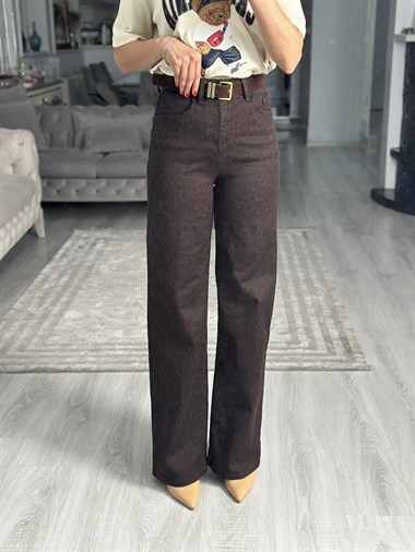 Kahverengi Leopar Desen Wide Leg Kadın Jean Pantolon