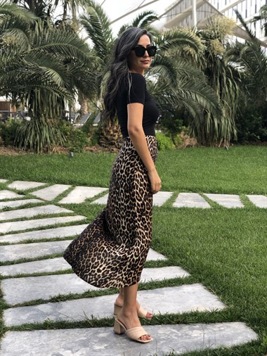 Kahverengi Leopar Desen Yanı Büzgülü Viskon Kadın Etek