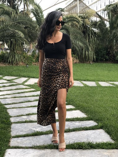 Kahverengi Leopar Desen Yanı Büzgülü Viskon Kadın Etek