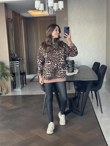 Kahverengi Leopar Desen Yarım Fermuarlı Kadın Sweatshirt