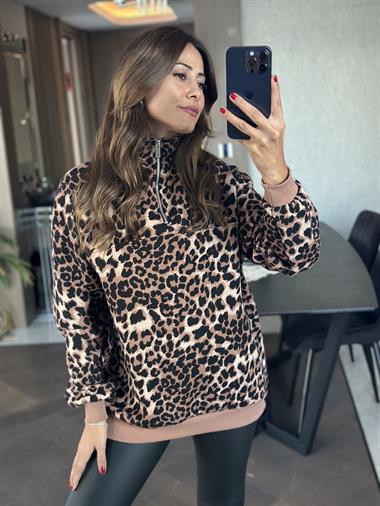 Kahverengi Leopar Desen Yarım Fermuarlı Kadın Sweatshirt