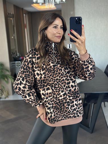 Kahverengi Leopar Desen Yarım Fermuarlı Kadın Sweatshirt