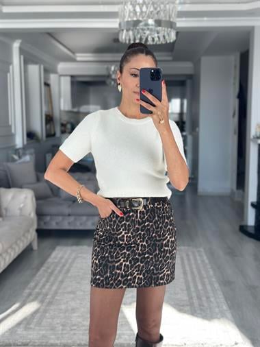 Kahverengi Leopar Desenli Cepli Mini Kadın Jean Etek