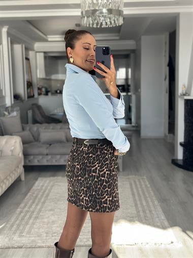 Kahverengi Leopar Desenli Cepli Mini Kadın Jean Etek