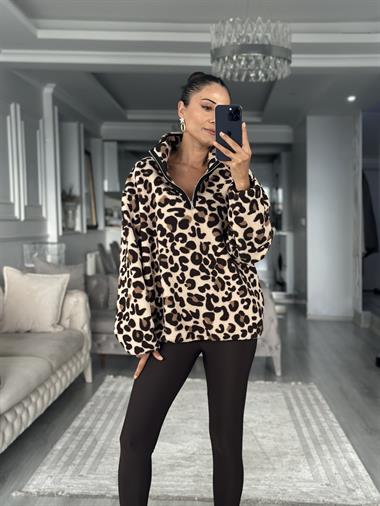 Kahverengi Leopar Desenli Kadın Sweatshirt