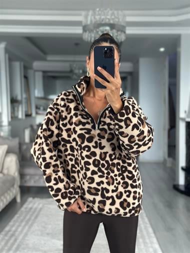 Kahverengi Leopar Desenli Kadın Sweatshirt
