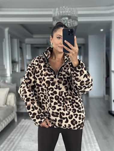 Kahverengi Leopar Desenli Kadın Sweatshirt