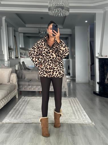 Kahverengi Leopar Desenli Kadın Sweatshirt