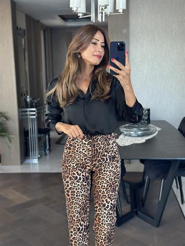 Kahverengi Leopar Karol Yüksek Bel Önü Flatolu Kadın Kumaş Pantolon