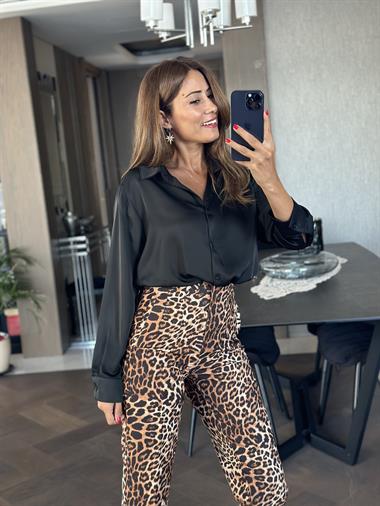 Kahverengi Leopar Karol Yüksek Bel Önü Flatolu Kadın Kumaş Pantolon