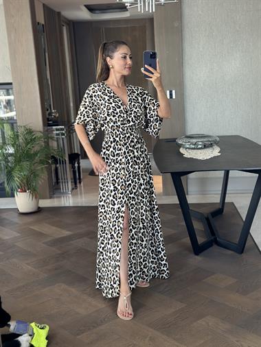 Kahverengi Leopar Kruvaze Yaka Beli Lastikli Yırtmaçlı Kadın Elbise