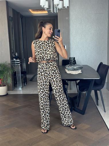 Kahverengi Leopar Vual Desenli Ayarlanabilir Bağcıklı Sıfır Kol Bluz Pantolon Kadın Alt Üst Takım
