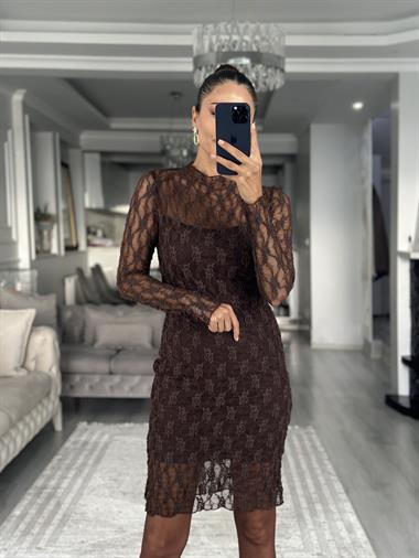 Kahverengi Likralı Dantel Astarlı Uzun Kol Kadın Mini Elbise 