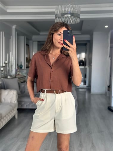 Kahverengi Mass Model Keten Kadın Crop Gömlek