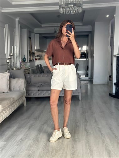 Kahverengi Mass Model Keten Kadın Crop Gömlek