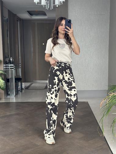 Kahverengi Milka Desen Wide Leg Kadın Jean Pantolon