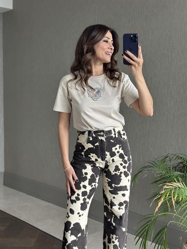 Kahverengi Milka Desen Wide Leg Kadın Jean Pantolon