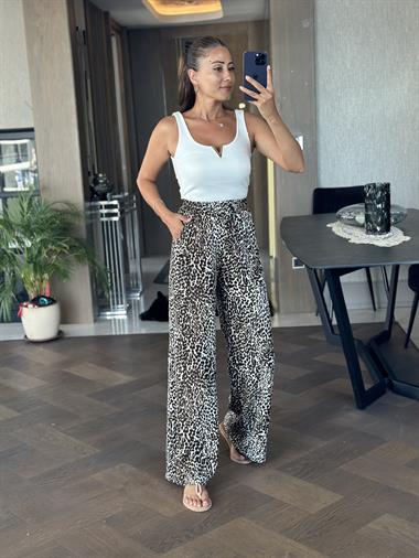 Kahverengi Minik Leopar Desenli Beli Lastikli Cepli Kadın Pantolon