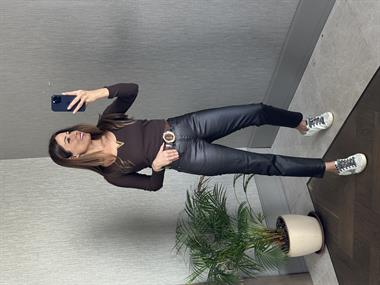 Kahverengi Mumlu Paçası Dikişli Kadın Jean Pantolon