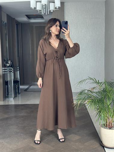 Kahverengi Müslin Önü Bağcıklı Kol Ucu Lastikli Kadın Midi Boy Elbise