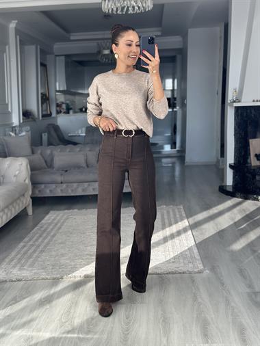 Kahverengi Nervürlü Kemerli Kadın Jean Pantolon