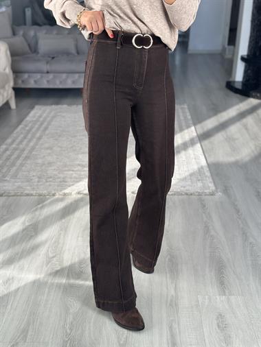 Kahverengi Nervürlü Kemerli Kadın Jean Pantolon