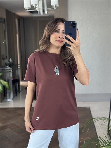 Kahverengi Önü Ayıcık RL Model Bisiklet Yaka Kadın T-Shirt