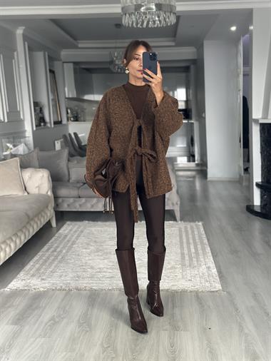 Kahverengi Önü Bağlamalı Kırçıllı Kaşe Kadın Ceket