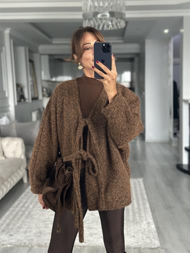 Kahverengi Önü Bağlamalı Kırçıllı Kaşe Kadın Ceket