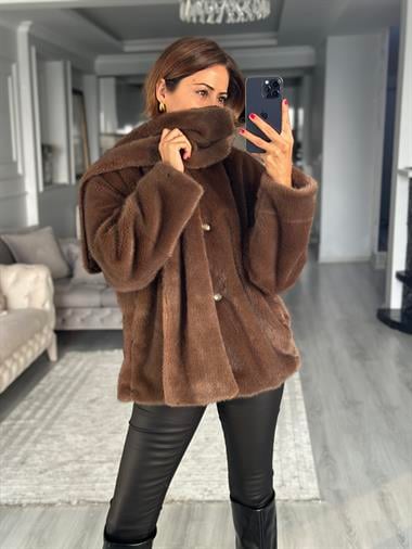 Kahverengi Önü Düğmeli Atkılı Kadın Kürk Mont