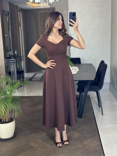 Kahverengi Öpücük Yaka Vatkalı Önü Düğme Detay Kadın Midi Boy Elbise