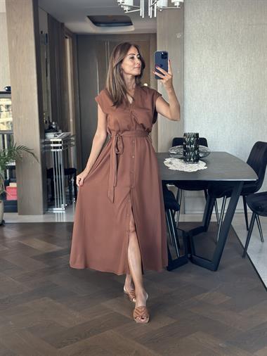 Kahverengi Orjinal Marka V Yaka Düğmeli Cepli Kadın Elbise 