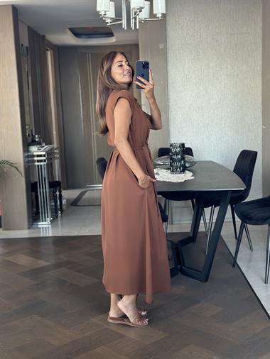 Kahverengi Orjinal Marka V Yaka Düğmeli Cepli Kadın Elbise 