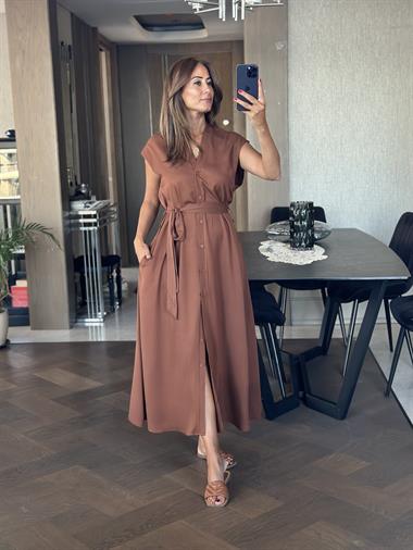 Kahverengi Orjinal Marka V Yaka Düğmeli Cepli Kadın Elbise 