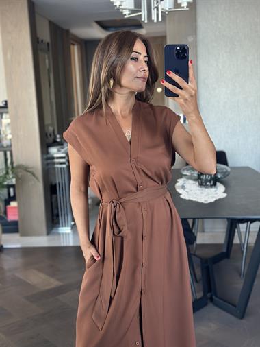 Kahverengi Orjinal Marka V Yaka Düğmeli Cepli Kadın Elbise 